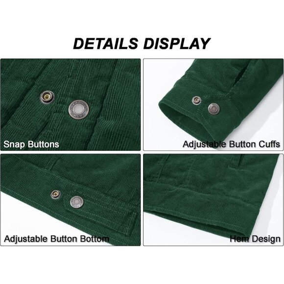 Mens Emerald Green Corduroy Jacket Sherpa Lined Warm Winter Trucker Cargo Coat - Picture 7 of 7